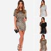 Women Mini Dress Round Neck Hollow Short Sleeve Backless Short Dress Glitter Sequins Hip Wrapped Dress