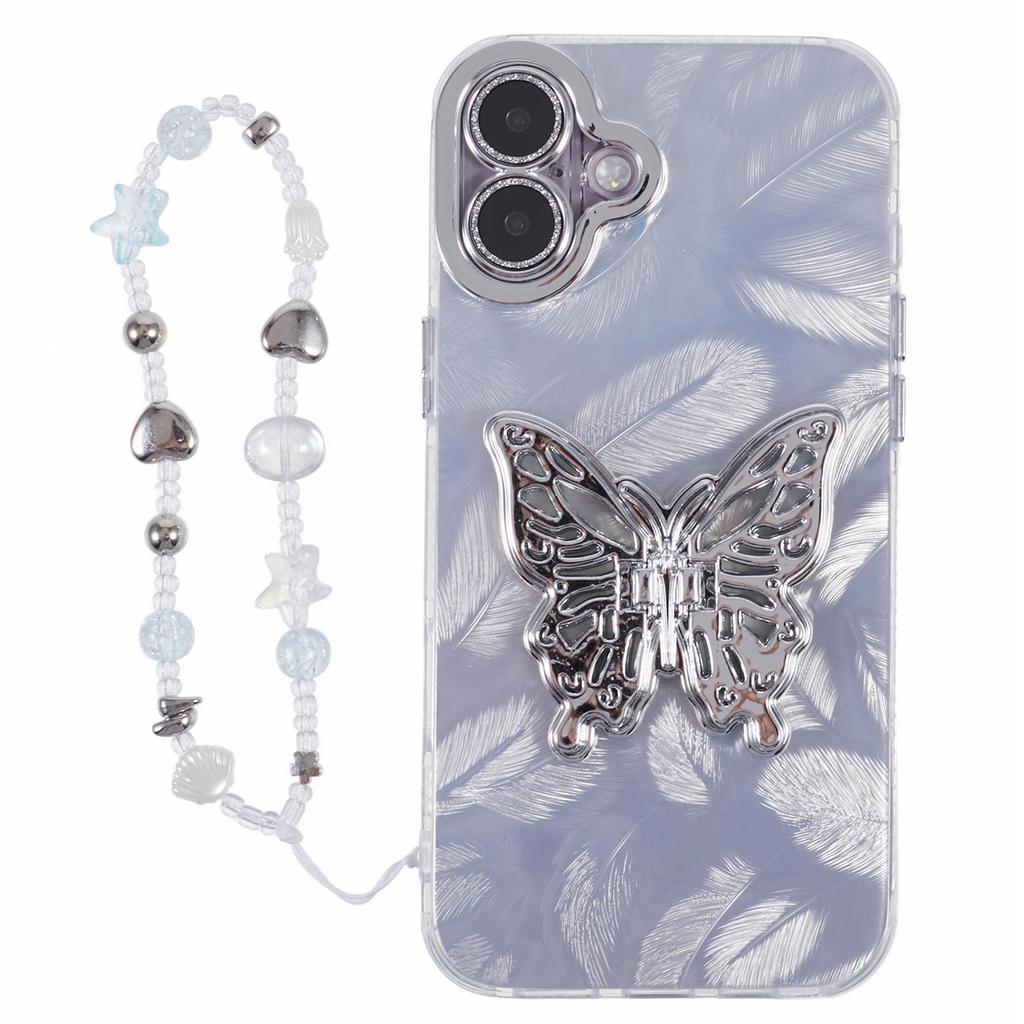 For iPhone 16 Case Butterfly Kickstand PC+TPU IMD Phone Cover with Lens Film / Beaded Strap - Feather Pattern / Pink