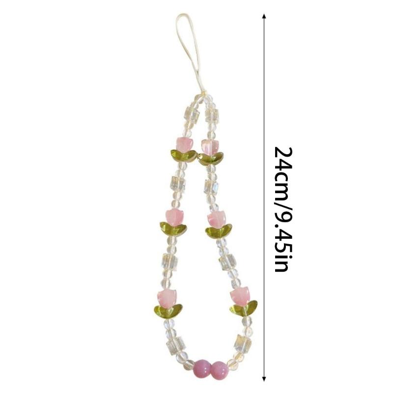 Colorful Floral Bead Phone Lanyard Pearls Wristlet Charm Strap Flower Phone Charm Strap Portable Chain for Smartphones