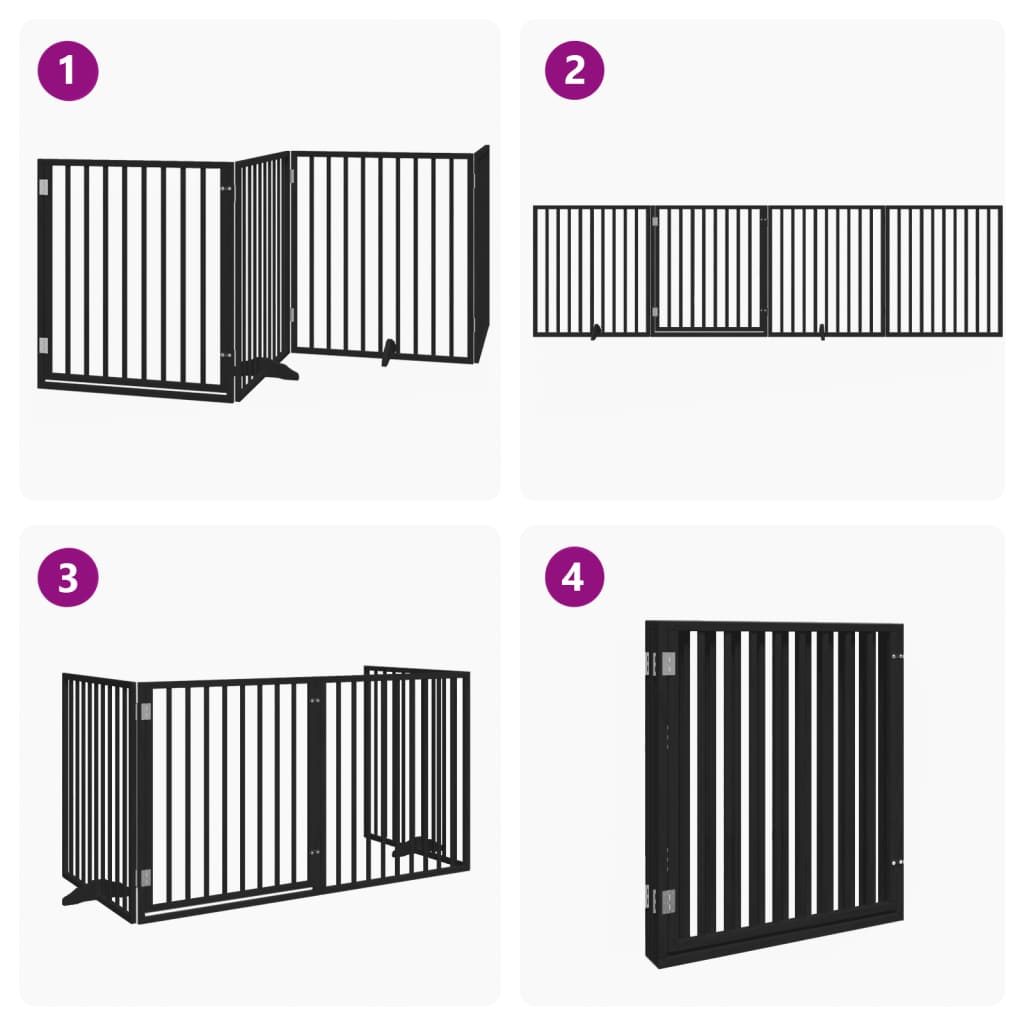 4 Piece Dog Gate with Door Foldable Black 320 cm Poplar Wood