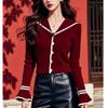 Elegant Women Sailor Collar Long Sleeve Cardigan Sweater 2025 Fall Red Knitted Top Autumn Flare Sleeve Casual Knitwear Clothing