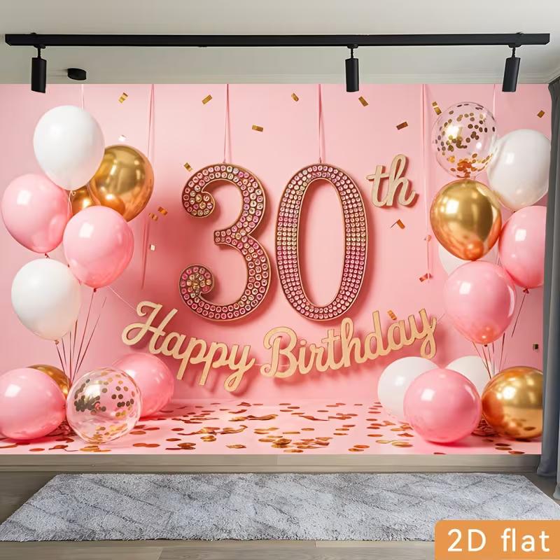 2D Фотофон для 30-летия Розово-золотой Шар и Конфетти Вечеринка Фон