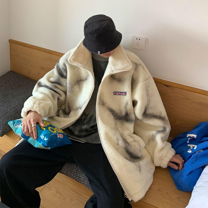 Men Tie-dye Parkas Zipper Thicken Winter Oversize Outwear Coats BF Couple Stand Collar Warm Jackets