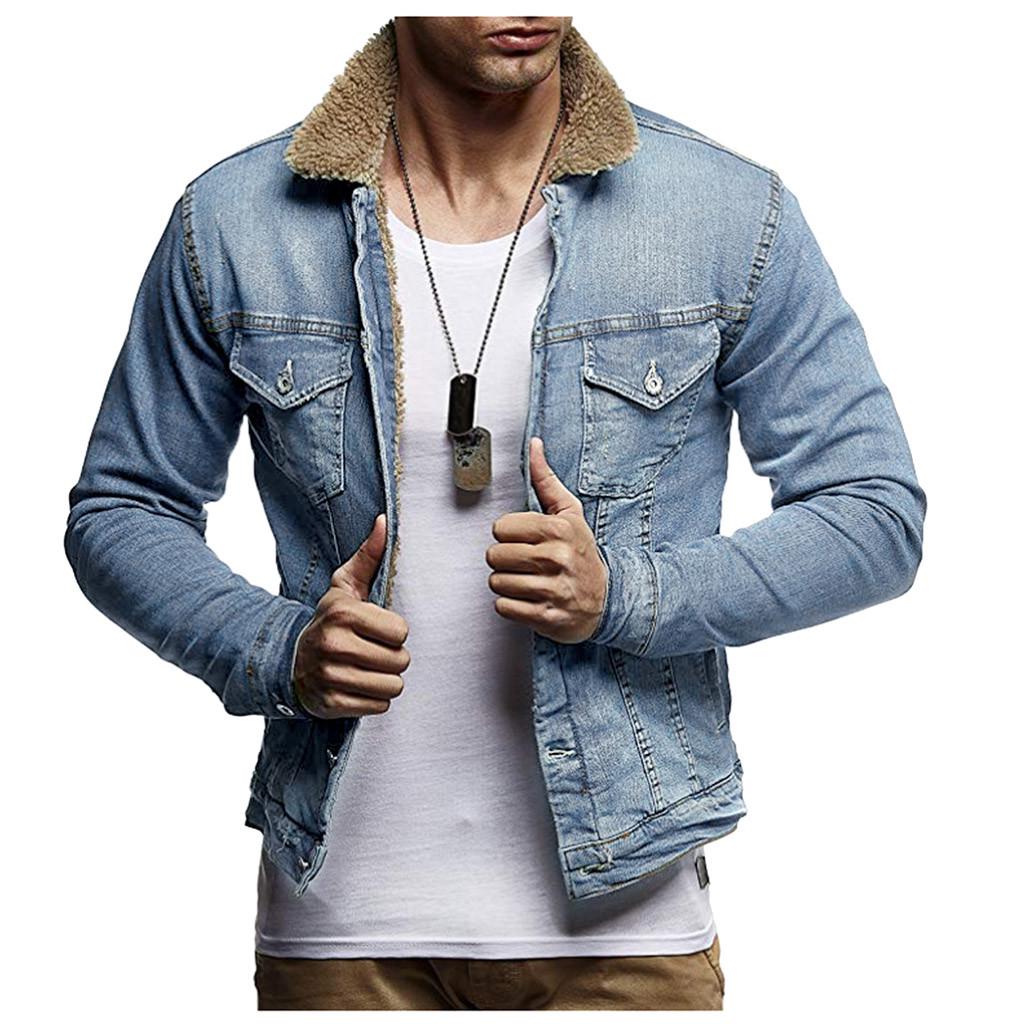 Men's  Winter Button Solid Plush Vintage Denim Jacket Tops Blouse Coat