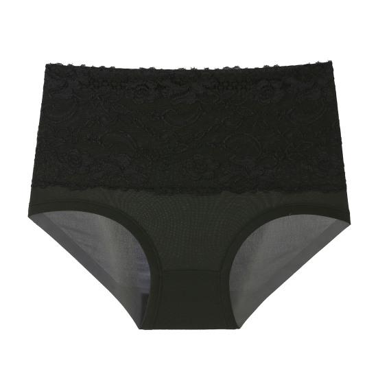 Women Briefs High Elasticity Breathable Soft Panties High Waist Solid Color Embroidery Lace Splicing Plus Size Underwear