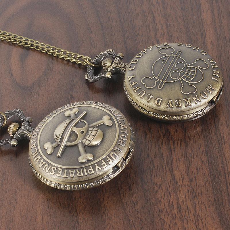 Cartoon Anime Theme Pirates Skull Pattern Quartz Pocket Watch Vintage with Pendant Necklace Men's and Children's Gift