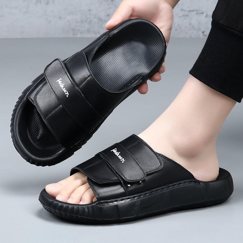 Mens Genuine Leather Slide Sandals Outdoor Slip-On Flat Shoes With Non-Slip Sole