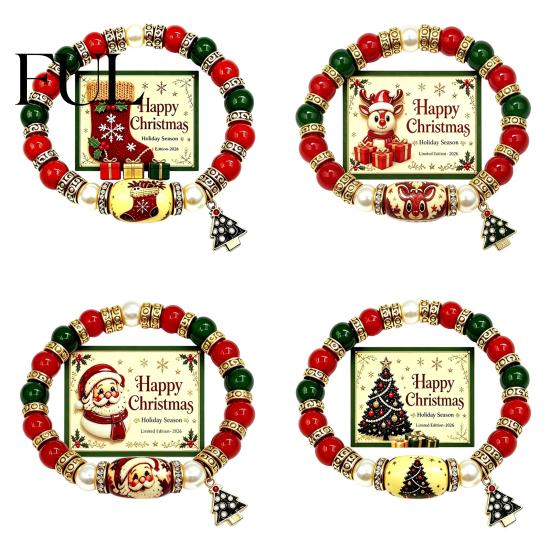 Christmas Tree Pendant Jewelry Beaded Bracelet with Card, Santa Deer Center Bead, Stocking Stackable Bracelets Retro Stretch Charm, Holiday