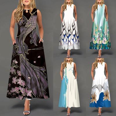 Женское повседневное длинное платье без рукавов с большим подолом и круглым вырезом с принтом