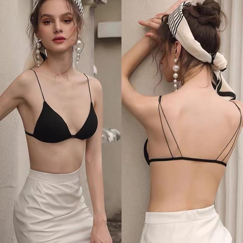 French thin summer sexy back suspender bra gathered front buckle thin shoulder strap no steel ring triangle cup bra