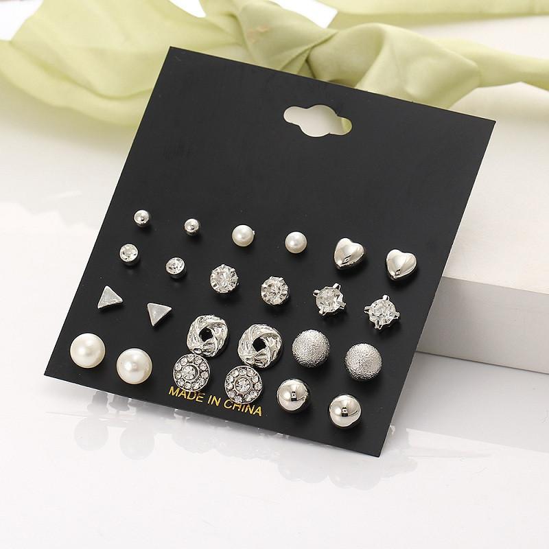Classic 12Pairs Cubic Zirconia Stud Earrings Set For Women Silver Color Round Heart Crystal Rhinestone Earrings Brinco Jewelry