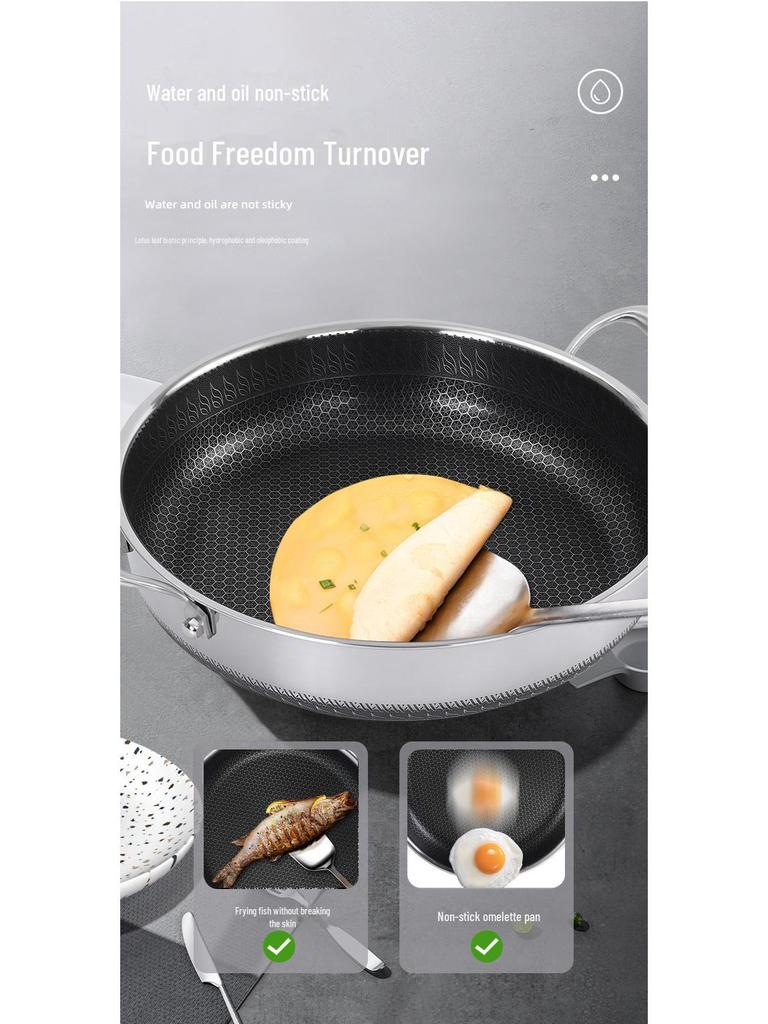 Сковорода из нержавеющей стали 316 с двойными ушками и сотовым покрытием, антипригарная, с крышкой, плоским дном, без покрытия.