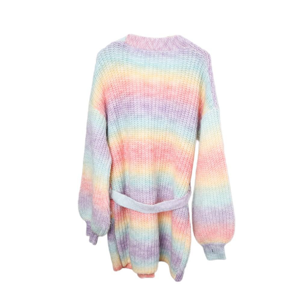 Winter Sweater, Rainbow Tie-dyed Mid-length Loose Cardigan, Women's Knitted Sweater Coat