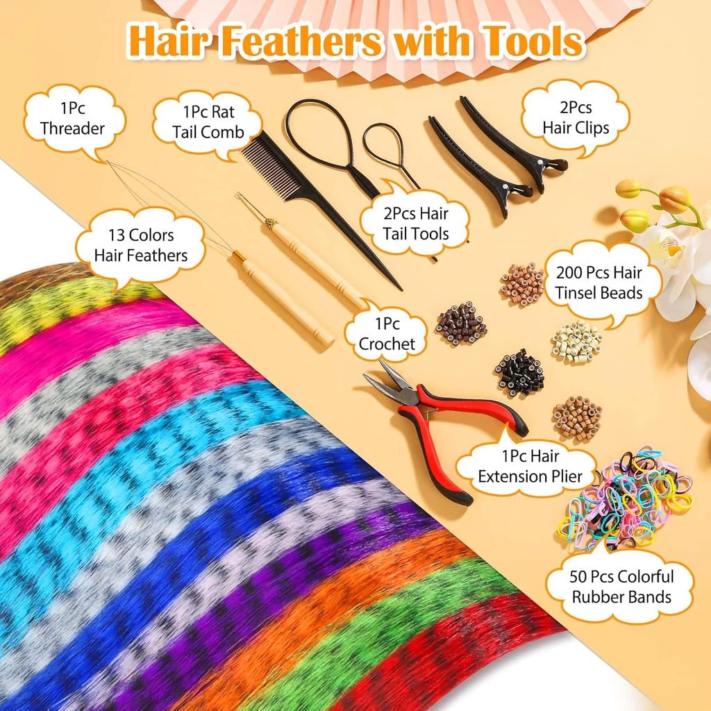 65 Pcs Hair Feathers with Hair Extension Tools, 13 Colors With Micro link Beads And Crochet Hooks Hair Feathers for Women Girls
