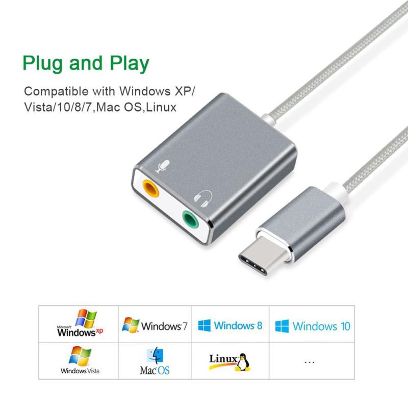 Аудиоадаптер внешней стереозвуковой карты USB Type C с разъемом для наушников 3,5 мм и микрофоном для
