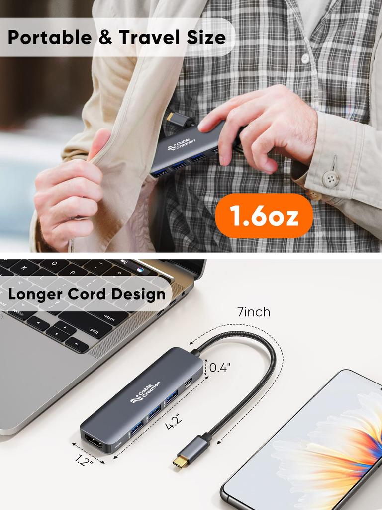 Концентратор CableCreation USB Type C HDMI со 100 Вт и 3 портами USB, совместимый с iPhone, iPhone 15 Pro, MacBook, MacBook Air, iPad, Surface и XPS, 5-в-1, 4K@30 Гц