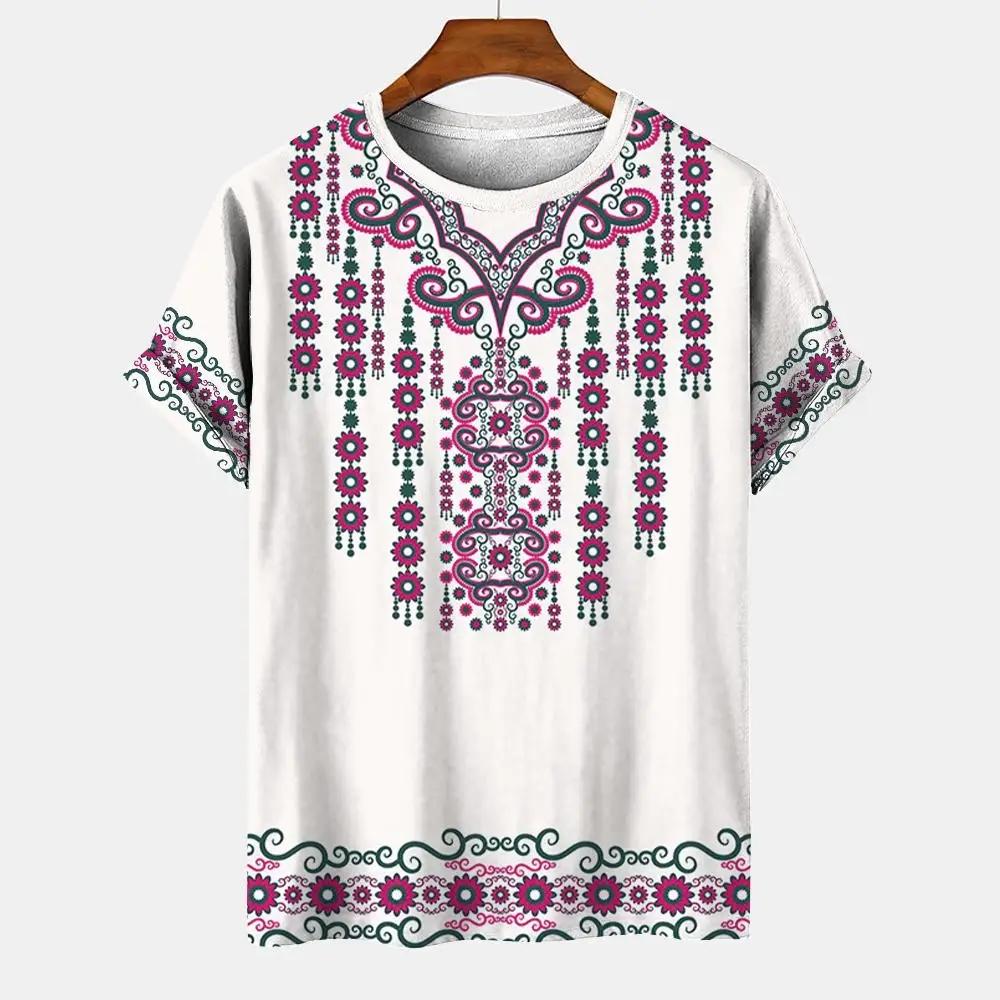 Летний винтажный этнический стиль, принт, уличная мода, круглый вырез, короткий рукав, досуг, отпуск, мужские футболки