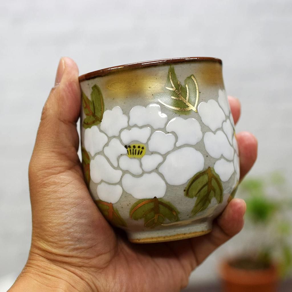 Stylish Pair of Kutani Ware Teacups with a White Peony Made In Perfect As a Gift for Wedding and 88th Design. Japan. Anniversaries, 60th, 70th, 77th,