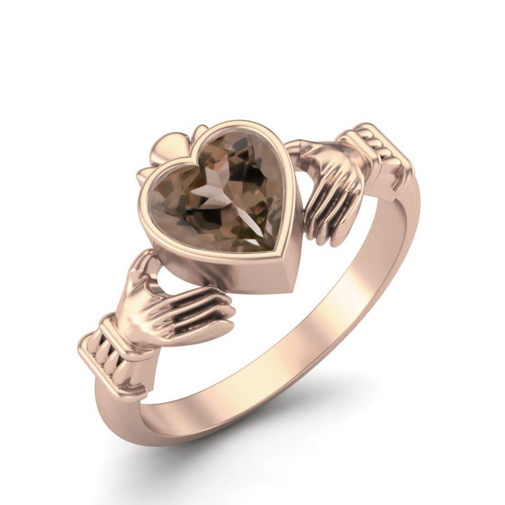 Irish Claddagh 6mm Heart Smoky Quartz 925 Sterling Silver Rose Vermeil Solitaire Women Promise Ring