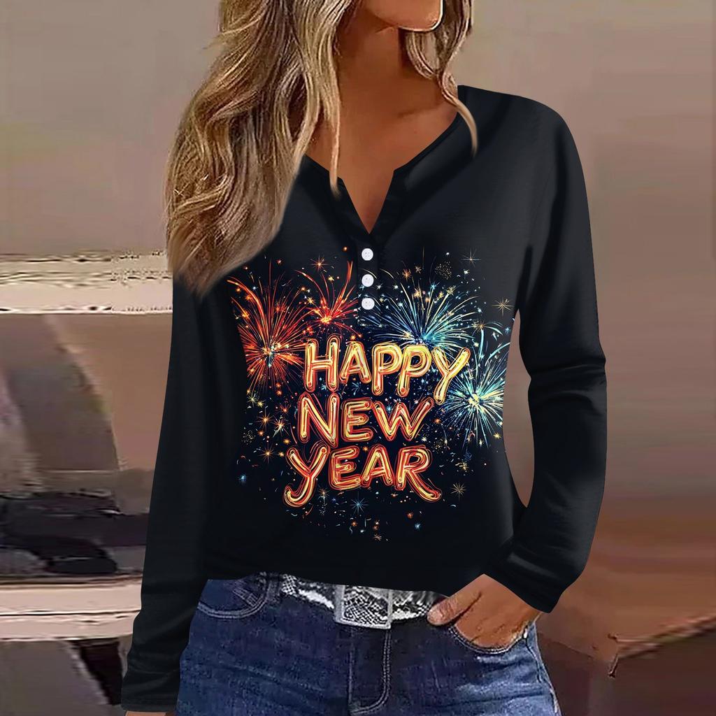 Жен. Футболка Футболка С принтом Пуговицы Длинный рукав Повседневные Выходные Мода Классический V-образный вырез Обычный Верх