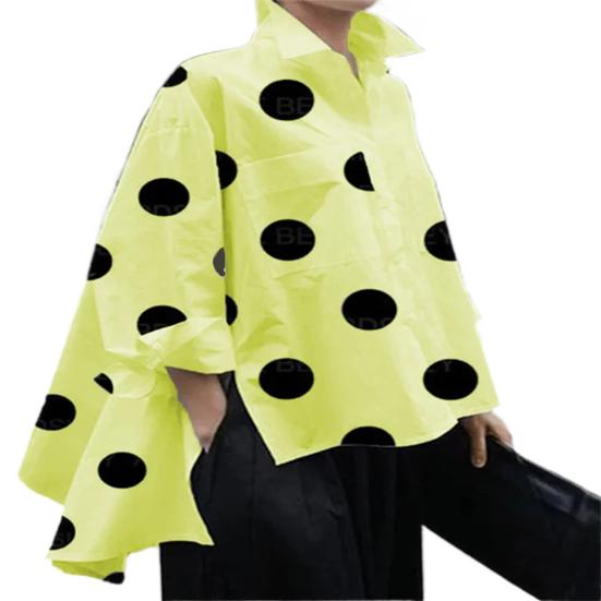 Hem Large Size Patch Women Pocket Side Sleeve Split High Low Shirt Summer Dot Print Loose Shirt