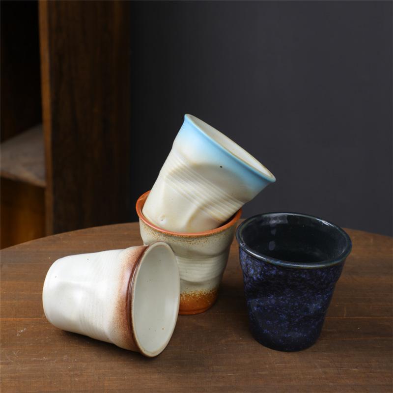 Creative Hand-Squeezed Ceramic Cup Retro Pleated Cup Coarse Pottery Imitation Paper Cup Irregular Coffee Cup Niche Mug