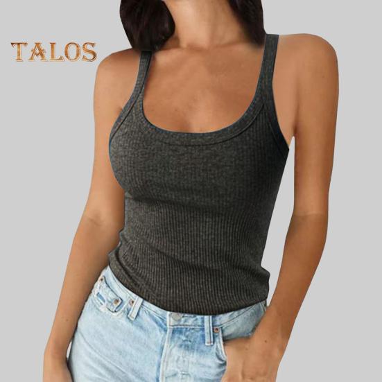 Женская майка без рукавов с бретельками-спагетти и круглым вырезом, трикотажная майка в рубчик, облегающая базовая рубашка-майка для повседневной носки, пляжа и офиса