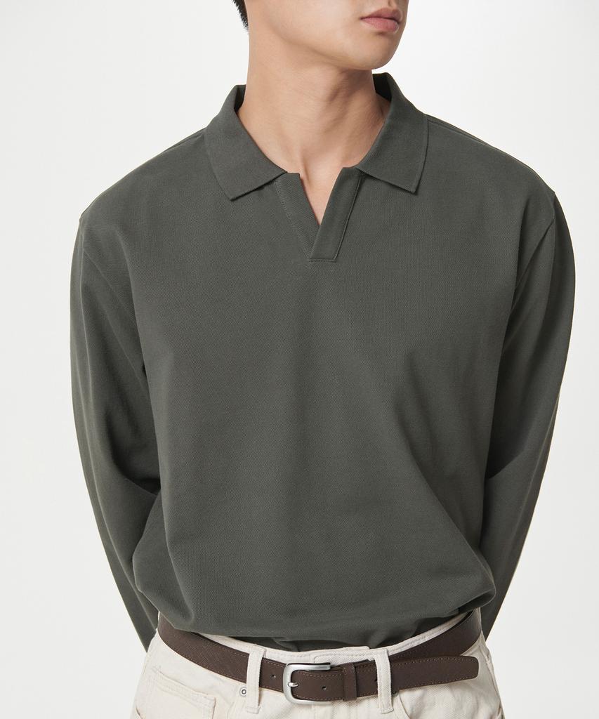 MUSINSA STANDARD Slit Neck Long Sleeve Pique Polo Shirt [Khaki]