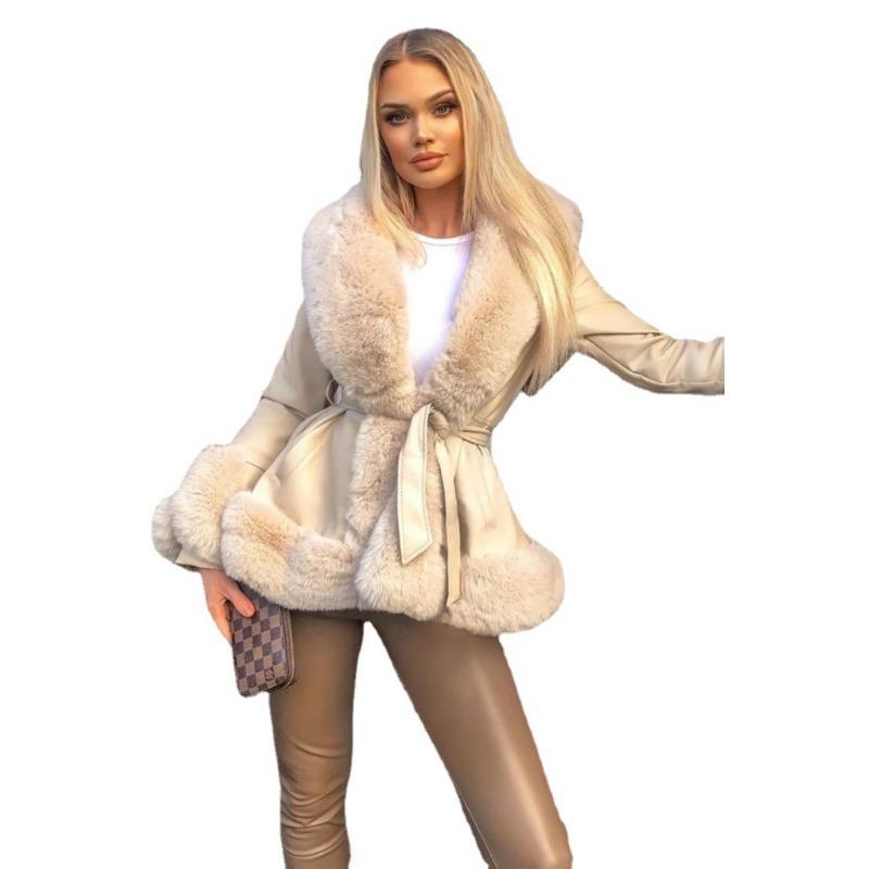 Европейская и американская новая женская одежда с искусственным мехом кролика, плотно прилегающее к талии, темпераментное теплое пальто