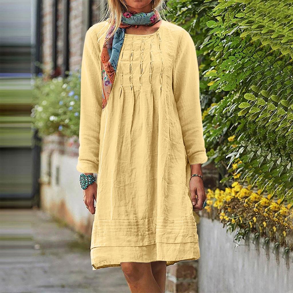 Женское платье с круглым вырезом, однотонное, свободного кроя, повседневное, из хлопка и льна
