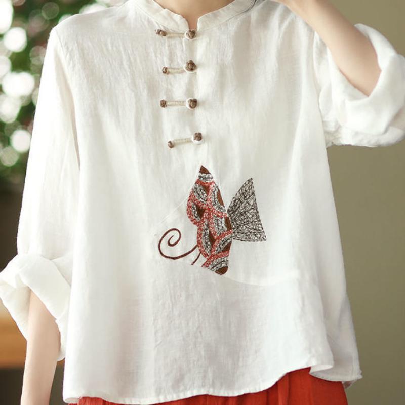 Этнические китайские женские футболки с вышивкой, топы, блузки, повседневная ретро-блузка