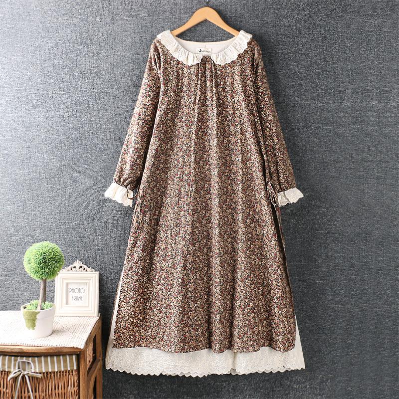 Весеннее Ретро Японский Стиль Вышивка Хлопок и Лен Цветочный Свободный Длинный Рукав Платье Миди