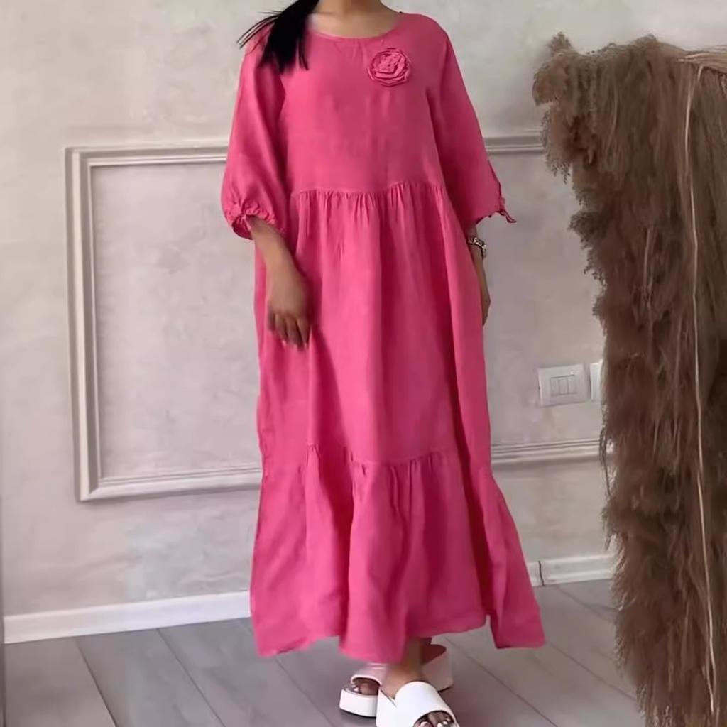 Женское однотонное повседневное длинное платье с круглым вырезом и длинными рукавами на шнуровке на шнуровке больших размеров