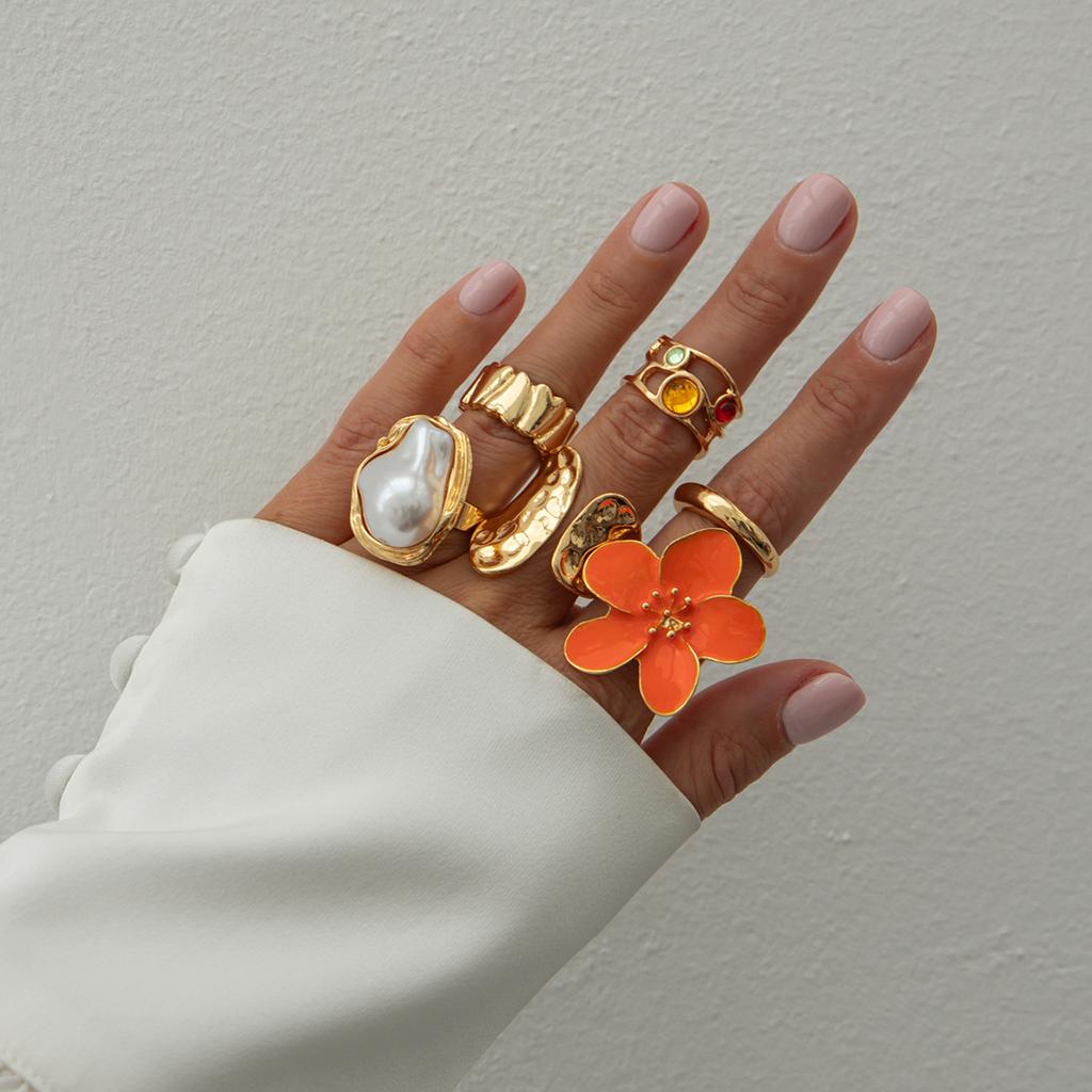 Ingemark 6Pcs/Set Vintage Flower Open Rings for Women 2026 New Fashion Boho Imitation Pearl Crystal Ring Y2K Bridal Jewelry Gift
