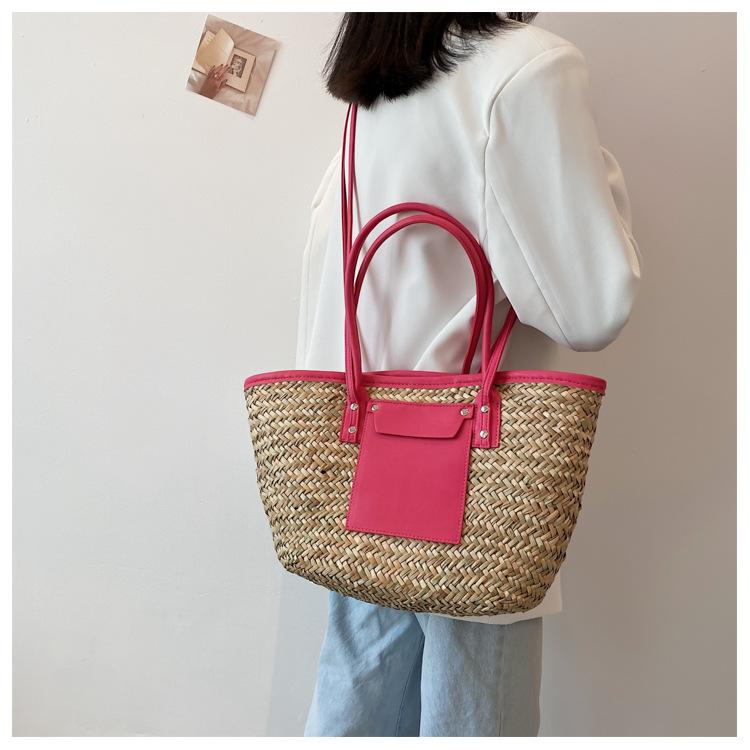 Summer Handmade Bags for Women Large Capacity Straw Fabric Basket Tote Top Handle Handbags Lady Beach Hand Bags