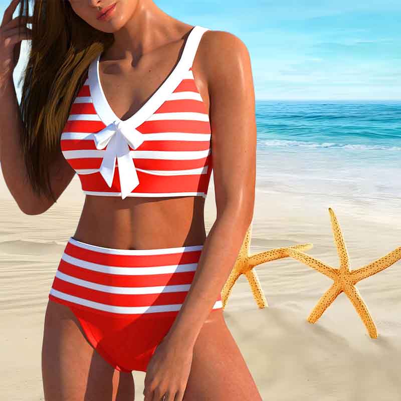 Shoulder Swimsuit Striped Womens Strap Printed Bikini Short Tank Top Swimsuit