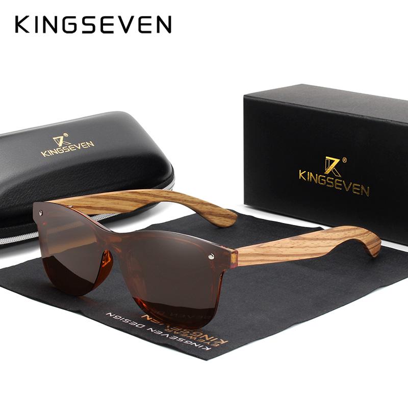 Kingseven Поляризованные квадратные солнцезащитные очки для мужчин и женщин Зебра в деревянной оправе с зеркалом с плоскими линзами для вождения UV400