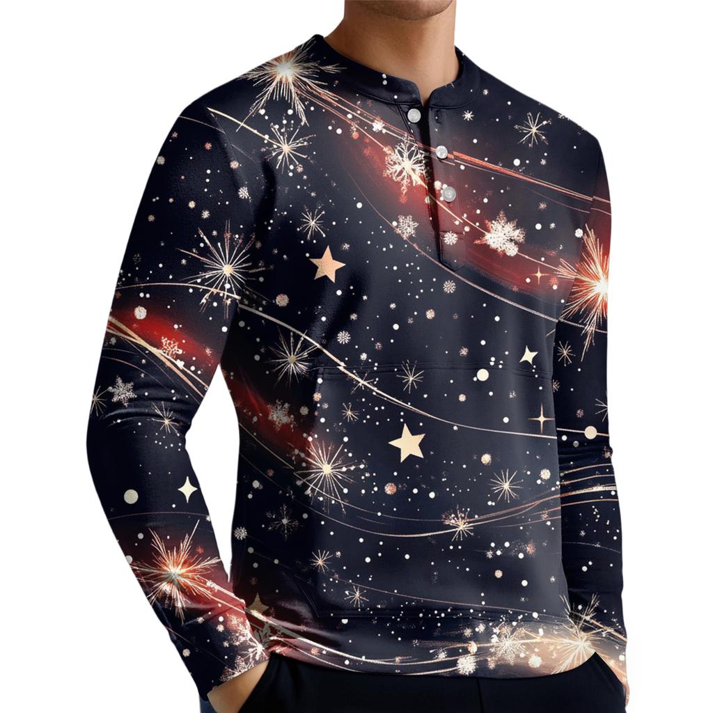 Men's Casual Button-Down Sweatshirt Fashion Printed Long Sleeve Shirt Pullover