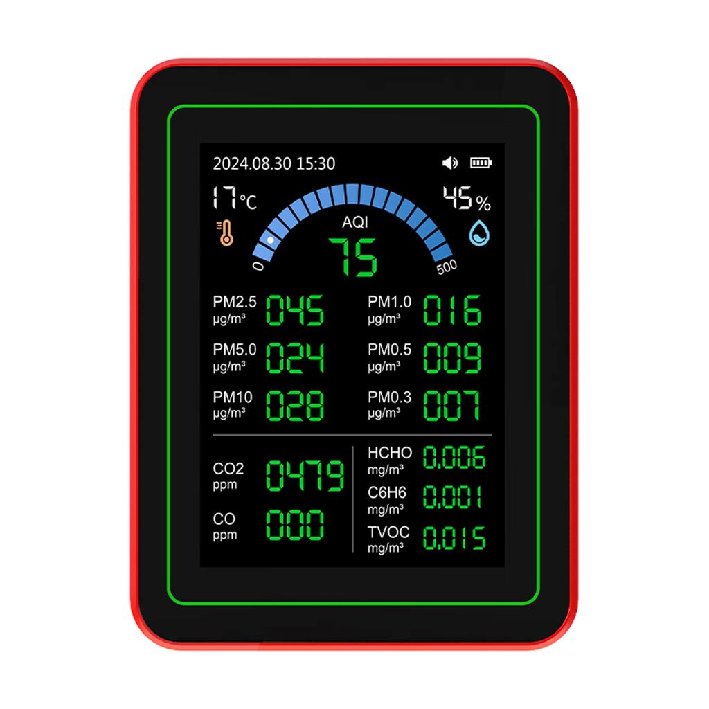 Измеритель качества воздуха 18 в 1 CO2 TVOC HCHO PM2.5 PM10 Темп Влажн Детектор Тестер В помещении Питание от батареи Хранение данных