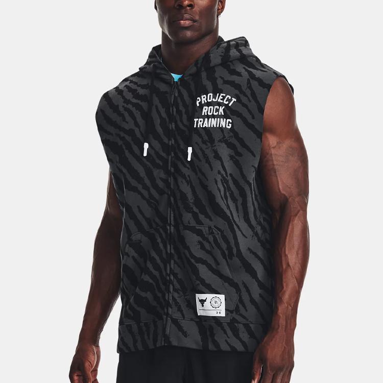 Under Armour Мужская толстовка с капюшоном Project Rock Series SS23 с флисовым принтом и полной молнией, черная 1377444-001