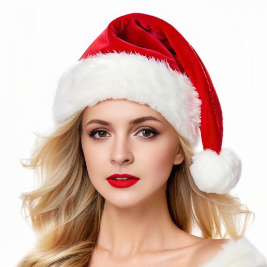 Comfortable Skin Friendly Caps Christmas Santa Hat, Flannel Plush Holiday Hat for Adults, Soft Thickened Family Gathering Party Hats Red White Velvet