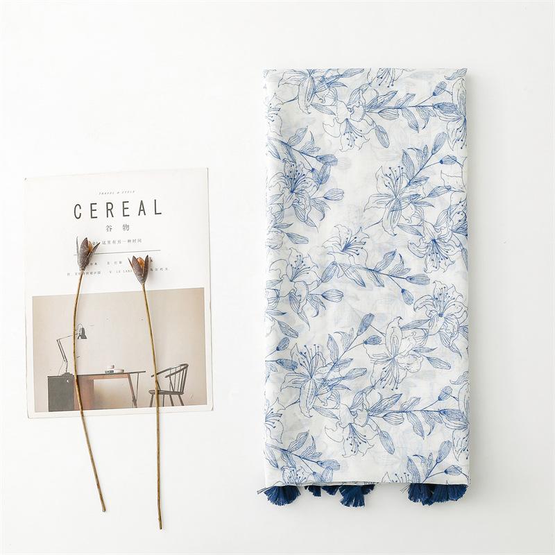 Vintage Blue Floral Print Scarf for Women - Lightweight, Breathable Polyester Shawl with Elegant Rose and Leaf Pattern, Perfect for Spring, Summer