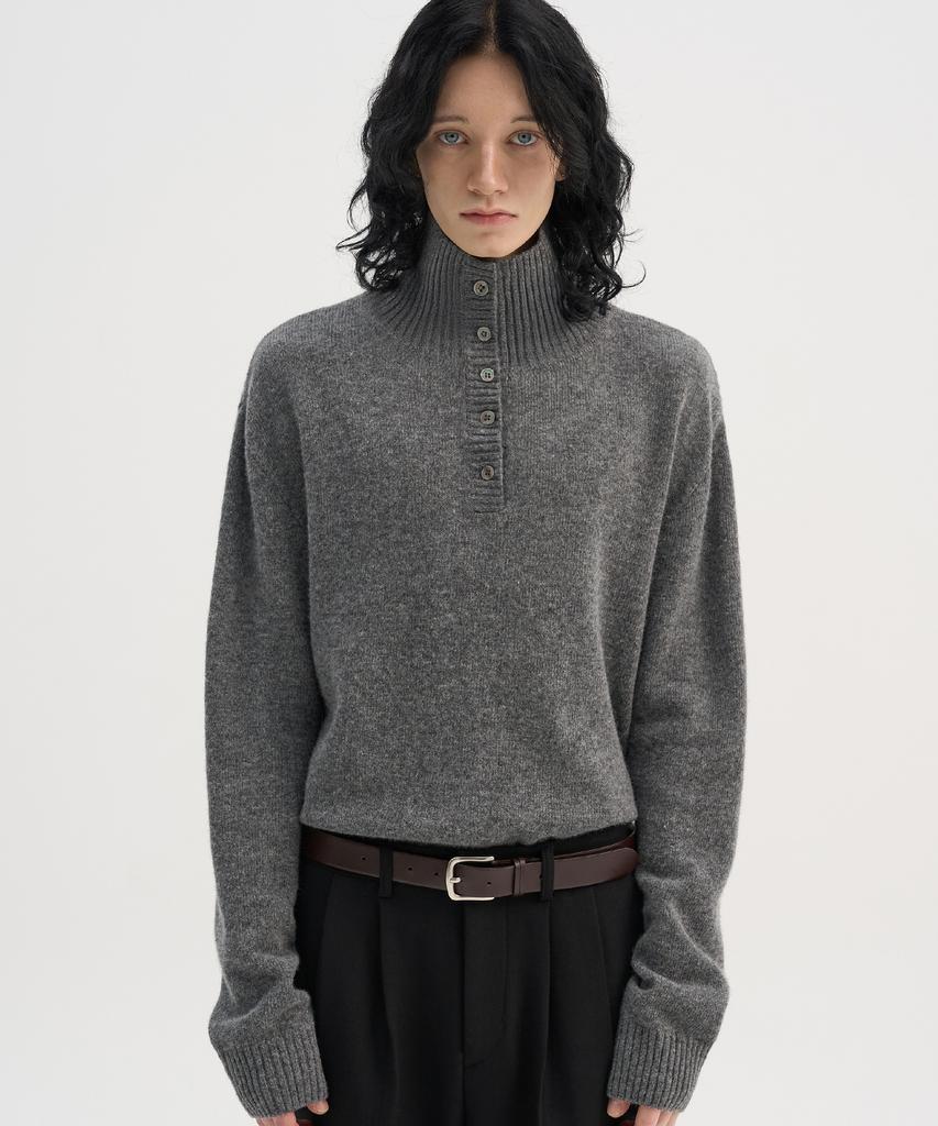 TRIP LE SENS Wool High-Neck Button Knit_Gray