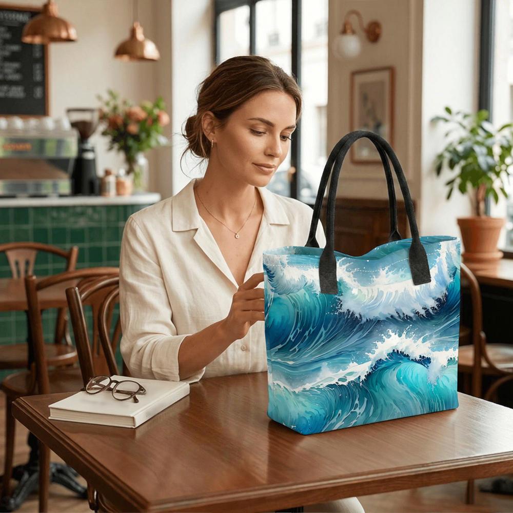 Watercolor Waves Print Large Capacity Casual Tote Bag for Daily Travel Shopping