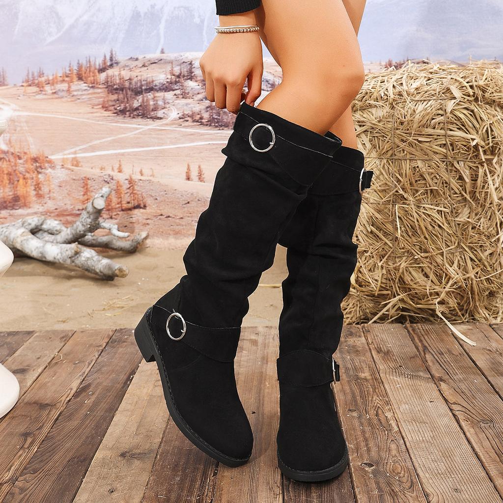 Fashion Women's Boots 2025 New Female Shoes Slip-on Fashion Belt Buckle Modern Boots Women Winter Plus Size Square Heel Knee-High Boots