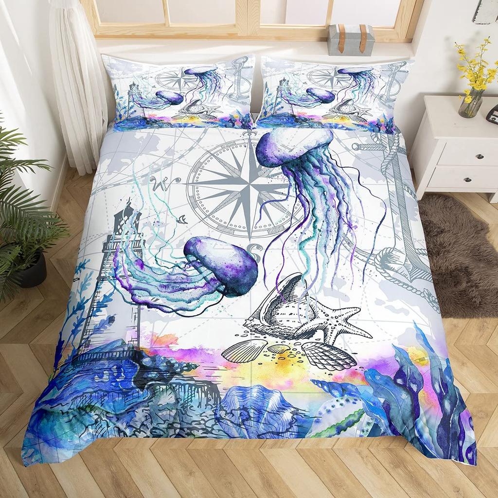 Комплект постельного белья Teal Size Ocean Decor, пододеяльник с изображением медузы, комплект постельного белья Ocean Bedroom Decor, пододеяльник, 1 наволочка