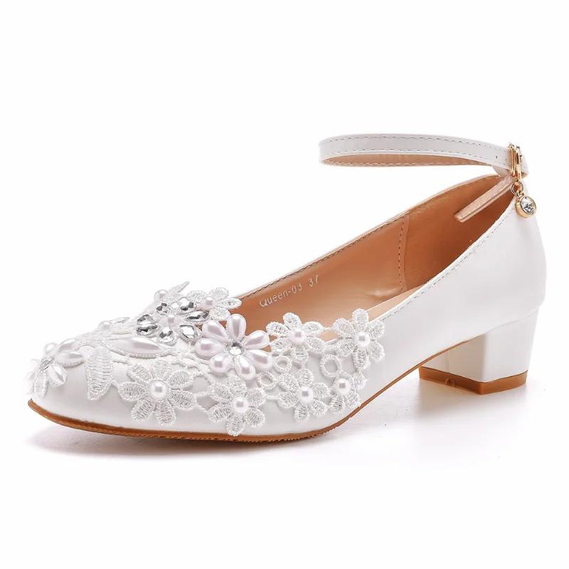  Fashion Wedding Shoes Bridesmaid Banquet Woman Lace Flower Pearl Round Toe High Heels Women's Bridal Pumps Girl Shoes