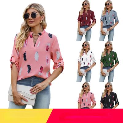 Осень 2023, женская повседневная свободная рубашка с v-образным вырезом и принтом перьев, рукав семь четвертей