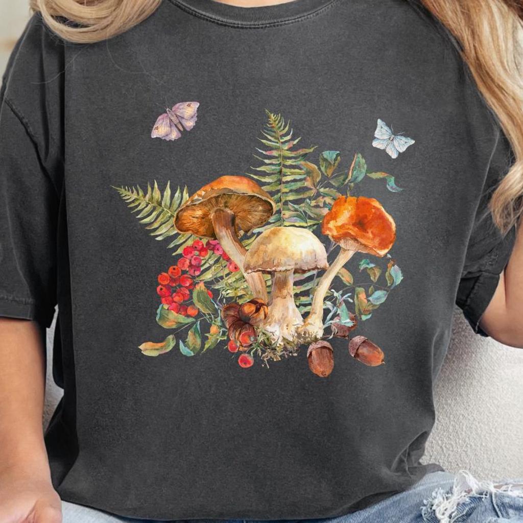Cottagecore Mystic Forest Mushroom Comfort Color Shirt, Autumn Jumper Shirt, Boho Hippy Clothes, Nature Woodland Tee, Aesthetic Folk Clothes
