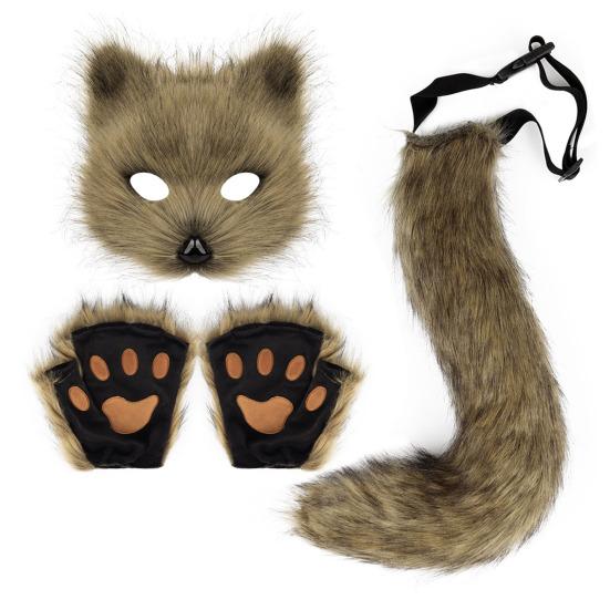 Faux Fur Cat Fox Maque Tail And Paw Gloves Set Handmade Furry Animal Therian Kit Masquerade Halloween Party Cosplay Costume Accessory